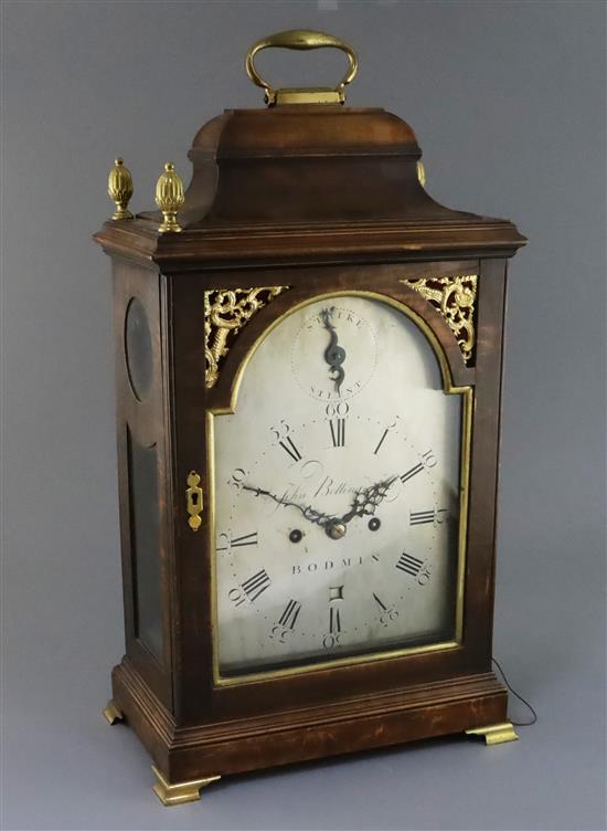 John Belling Jnr of Bodmin. A George III pearwood (originally ebonised) hour repeating bracket clock 20in.